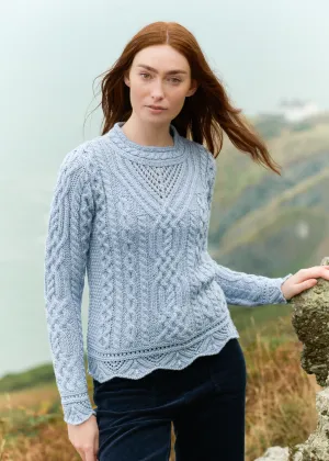 Aran Scallop Lace Stich Sweater | Ice Marl