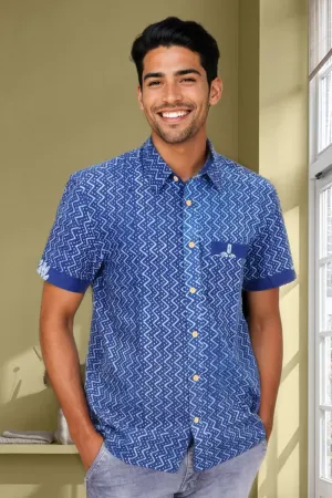 Blue Half Sleeve Indigo Hand Block Print Cotton Shirt 10074405