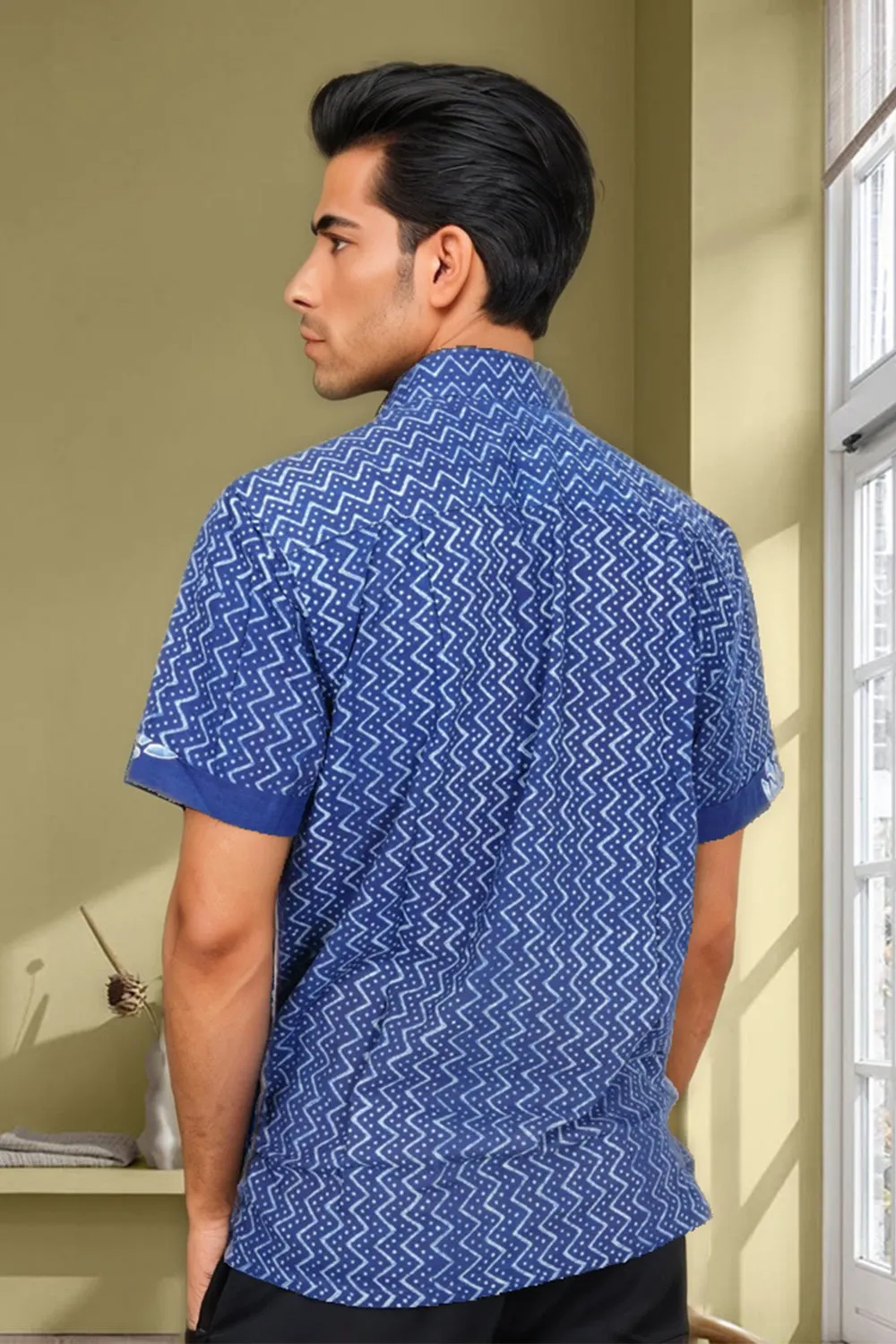 Blue Half Sleeve Indigo Hand Block Print Cotton Shirt 10074405