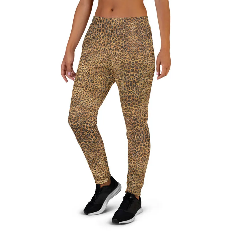 Brown Leopard Women's Joggers, Animal Print Skinny Ladies Sweatpants Soft Pants-Made in EU