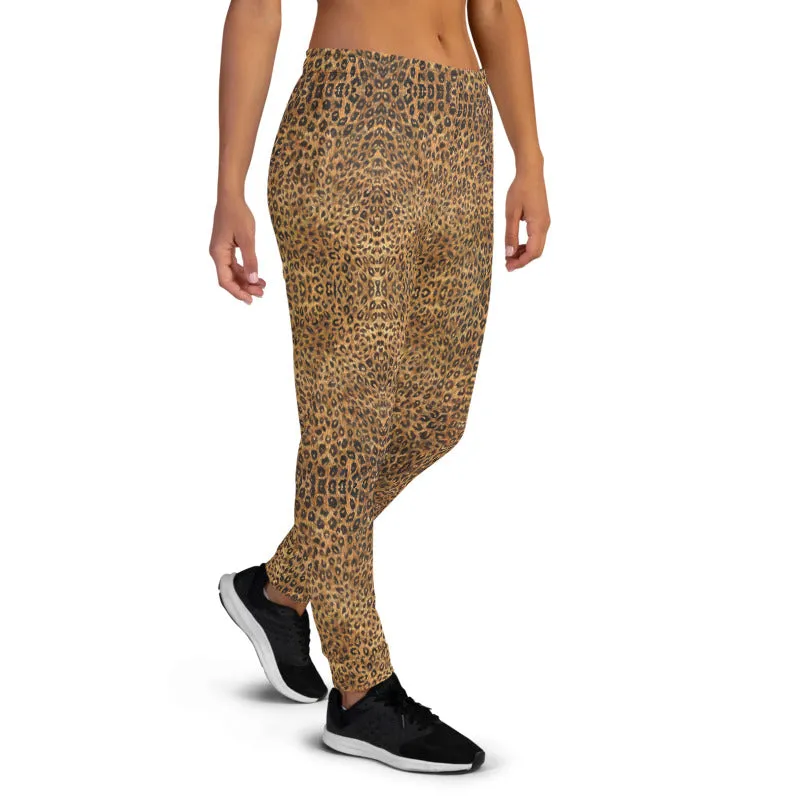 Brown Leopard Women's Joggers, Animal Print Skinny Ladies Sweatpants Soft Pants-Made in EU