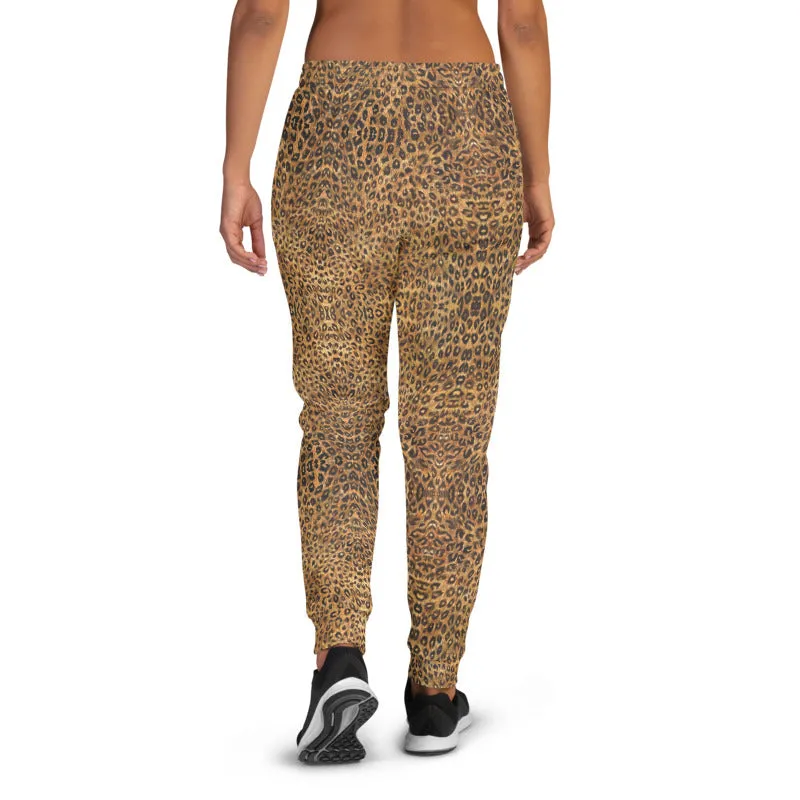 Brown Leopard Women's Joggers, Animal Print Skinny Ladies Sweatpants Soft Pants-Made in EU