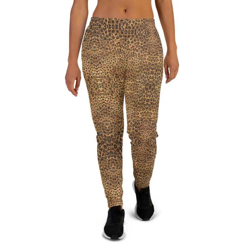 Brown Leopard Women's Joggers, Animal Print Skinny Ladies Sweatpants Soft Pants-Made in EU