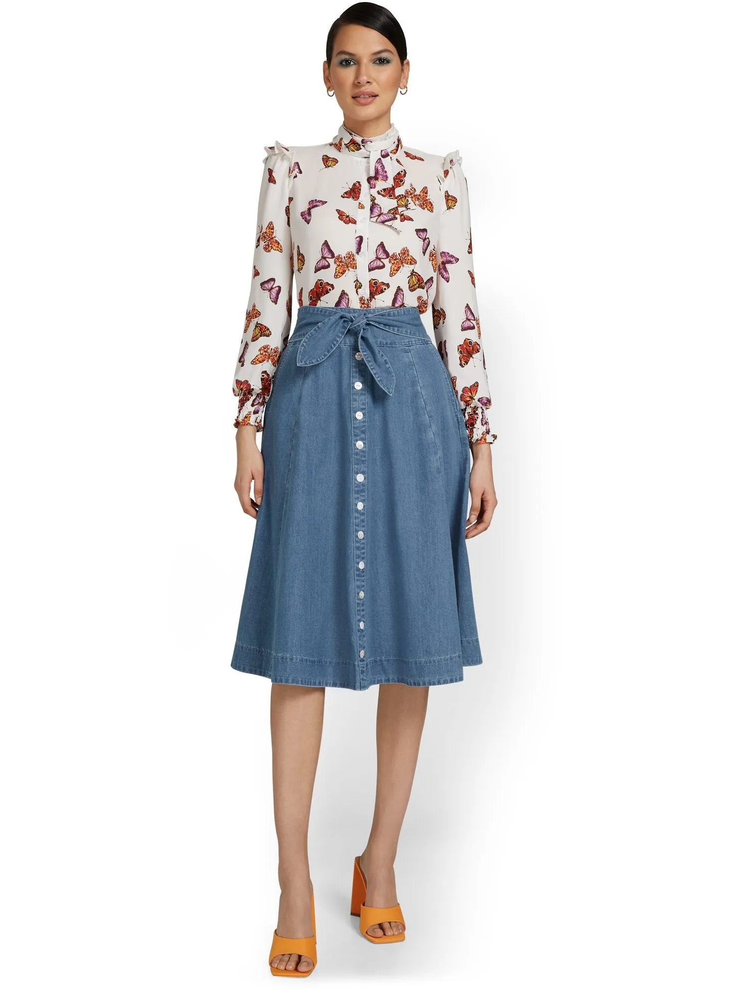 Chambray Button-Front A-Line Skirt
