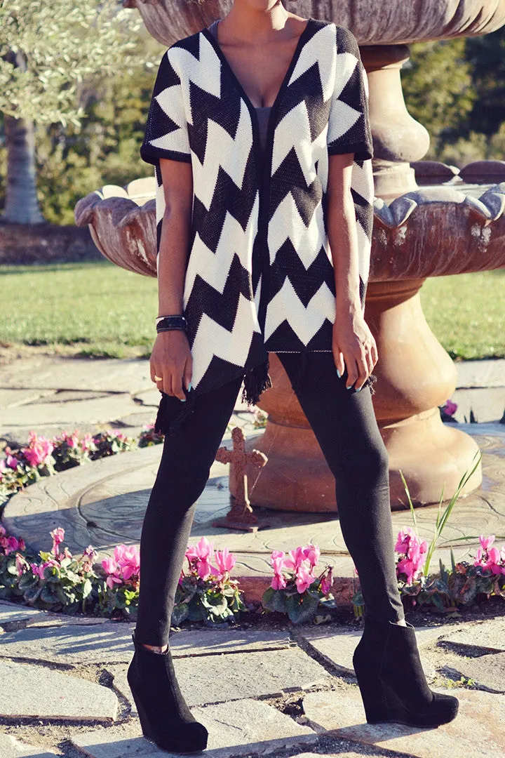 Chevron Print Cardigan w/ Fringe Detail
