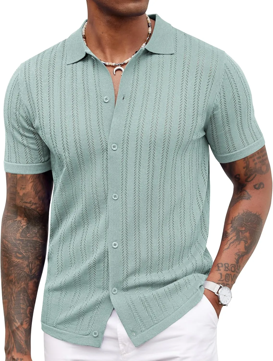 COOFANDY Men's Knit Shirts Short Sleeve Button Down Polo Shirt Crochet Casual Vintage Summer Beach Shirts