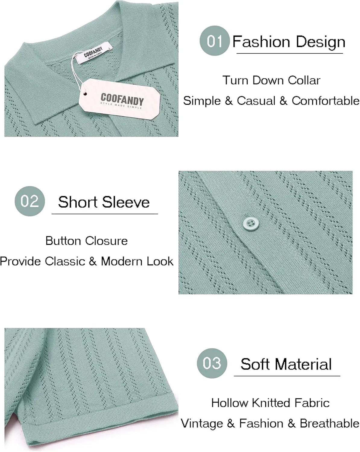 COOFANDY Men's Knit Shirts Short Sleeve Button Down Polo Shirt Crochet Casual Vintage Summer Beach Shirts