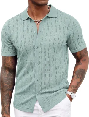 COOFANDY Men's Knit Shirts Short Sleeve Button Down Polo Shirt Crochet Casual Vintage Summer Beach Shirts