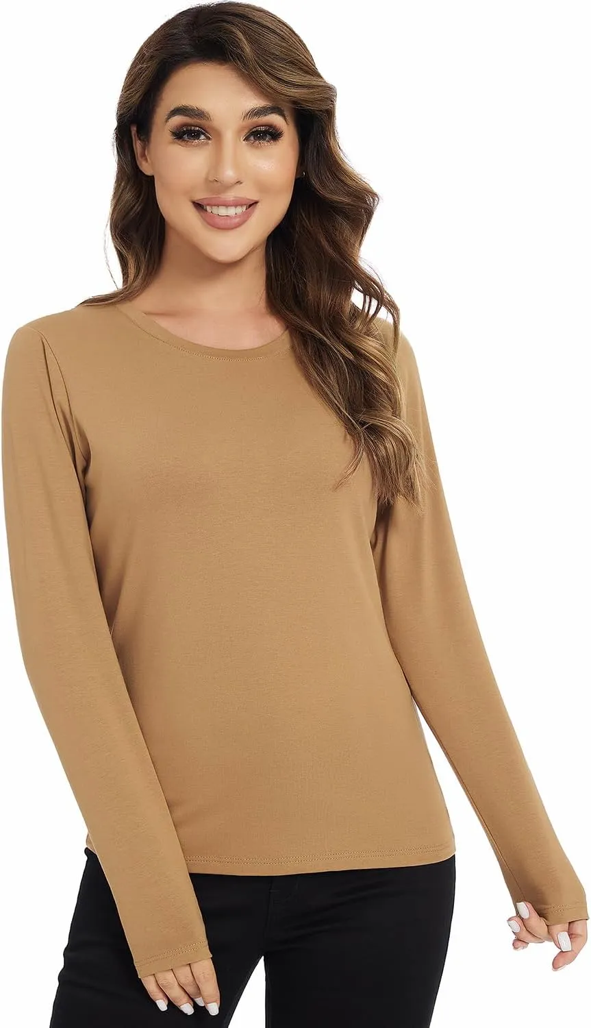 Cosy Pyro Cotton Long Sleeve T Shirt for Women Crew Neck Classic-Fit Workout Shirts Soft Solid Basic Tee