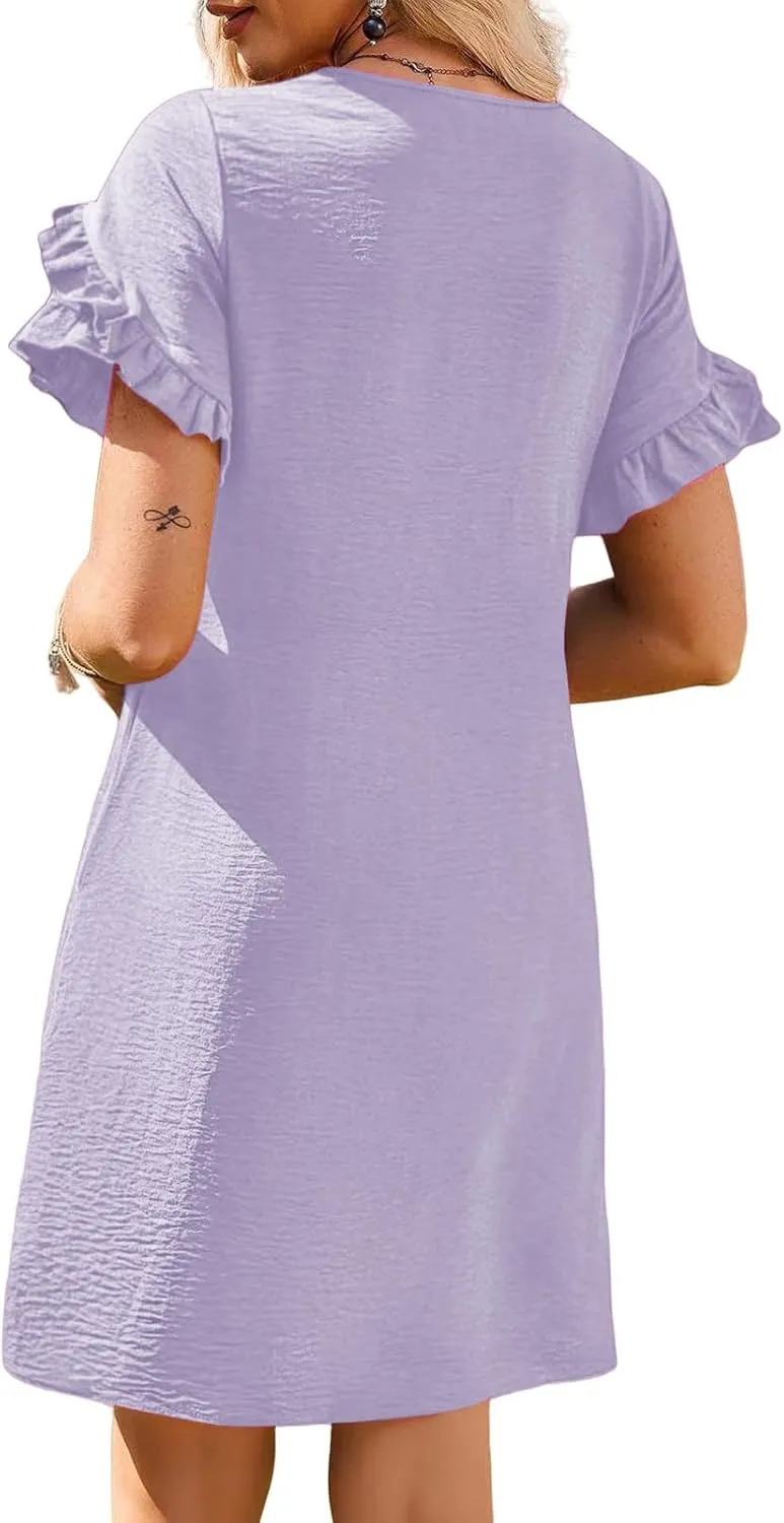 Dresses for Women Ruffle Short Sleeve Dress Summer A Line Mini Solid Dresses Casual Shift Dress Beach Sundress 2025