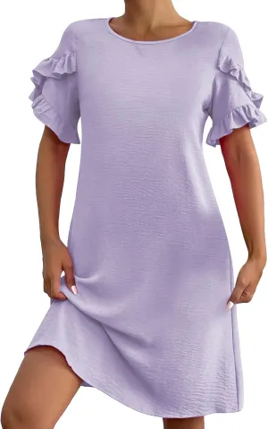 Dresses for Women Ruffle Short Sleeve Dress Summer A Line Mini Solid Dresses Casual Shift Dress Beach Sundress 2025
