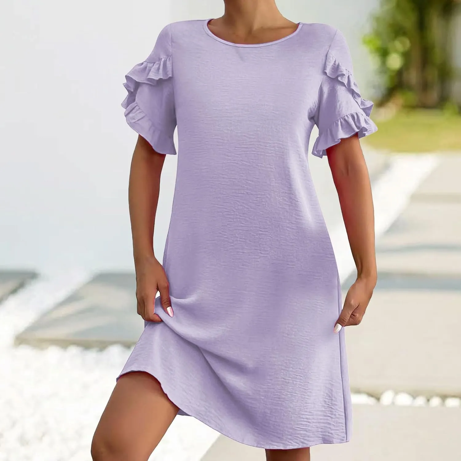 Dresses for Women Ruffle Short Sleeve Dress Summer A Line Mini Solid Dresses Casual Shift Dress Beach Sundress 2025