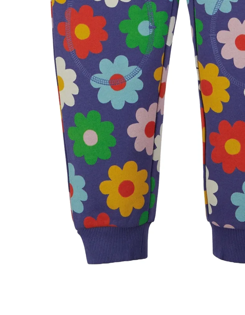 Frugi Girl's Cotton Floral Crawlers Joggers in Daisy Purple Flowers Power