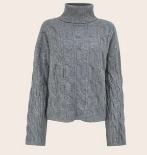 Grey Turtleneck Cable Knit Sweater
