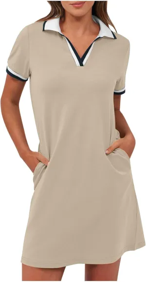 hlysgo Mini Dresses for Women 2025 Summer Casual Short Sleeve V Neck Tennis Dresses Trendy Short T-Shirt Dress with Pockets