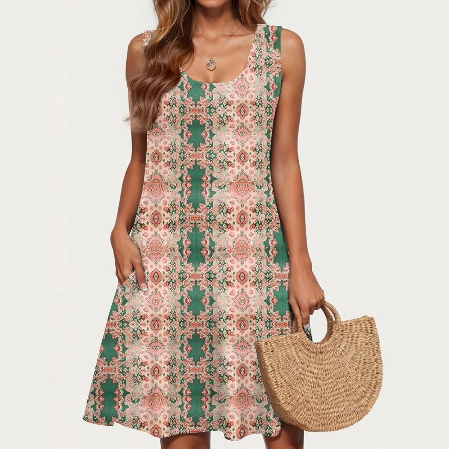 hlysgo Womens Summer Dresses 2025 Trendy Floral Print Sleeveless Crew Neck Tank Mini Dress A-Line Flowy Short Beach Sundress