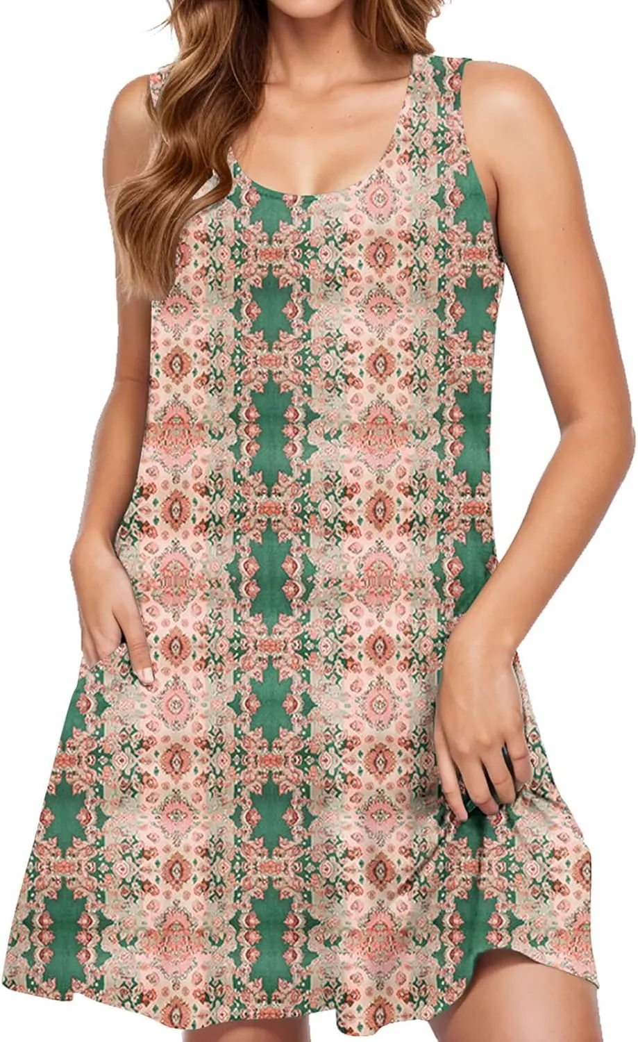 hlysgo Womens Summer Dresses 2025 Trendy Floral Print Sleeveless Crew Neck Tank Mini Dress A-Line Flowy Short Beach Sundress