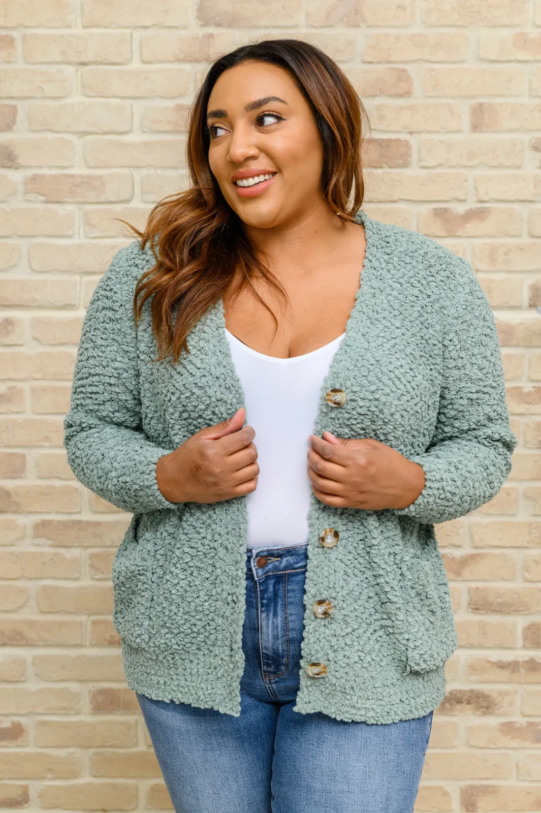 Just Feels Right Popcorn Knit Cardigan In Sage
