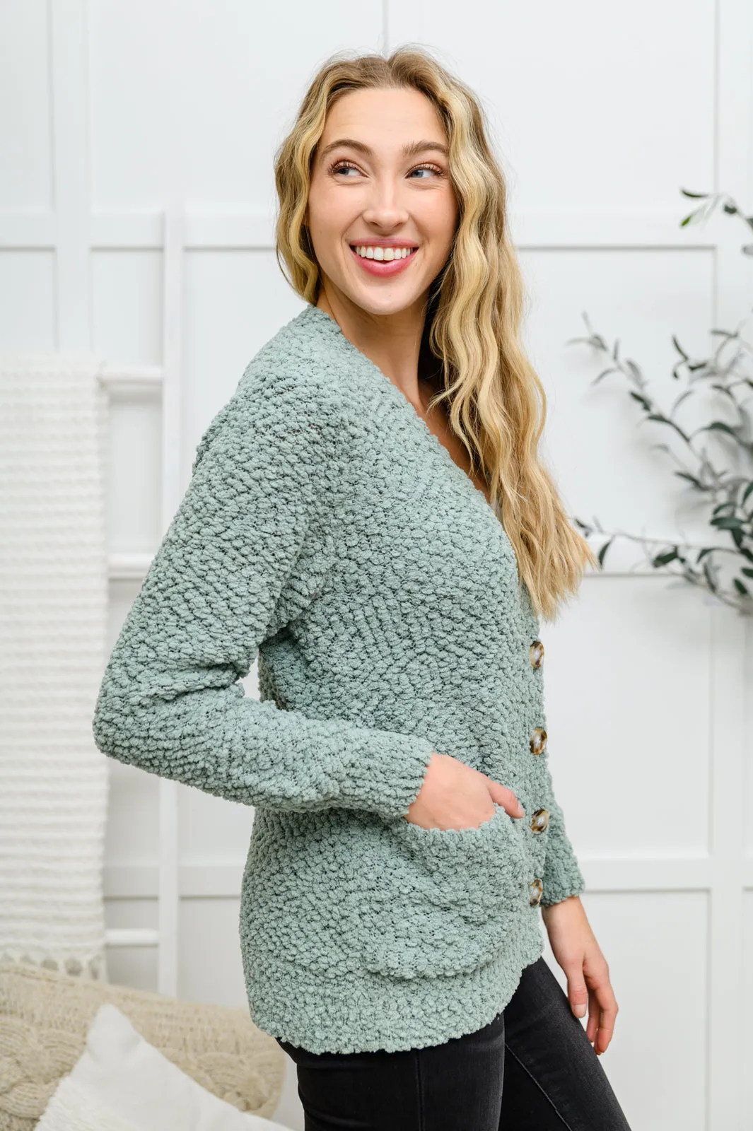 Just Feels Right Popcorn Knit Cardigan In Sage