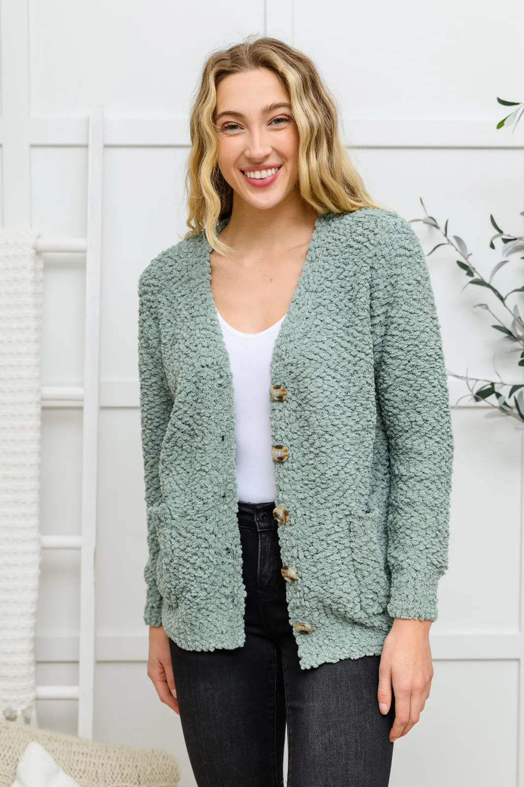 Just Feels Right Popcorn Knit Cardigan In Sage