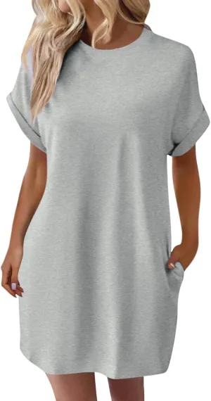 Kubbon Womens Casual Summer T Shirt Dress Crewneck Short Sleeve Mini Dresses Loose Fit Knee Length Beach Short Dresses