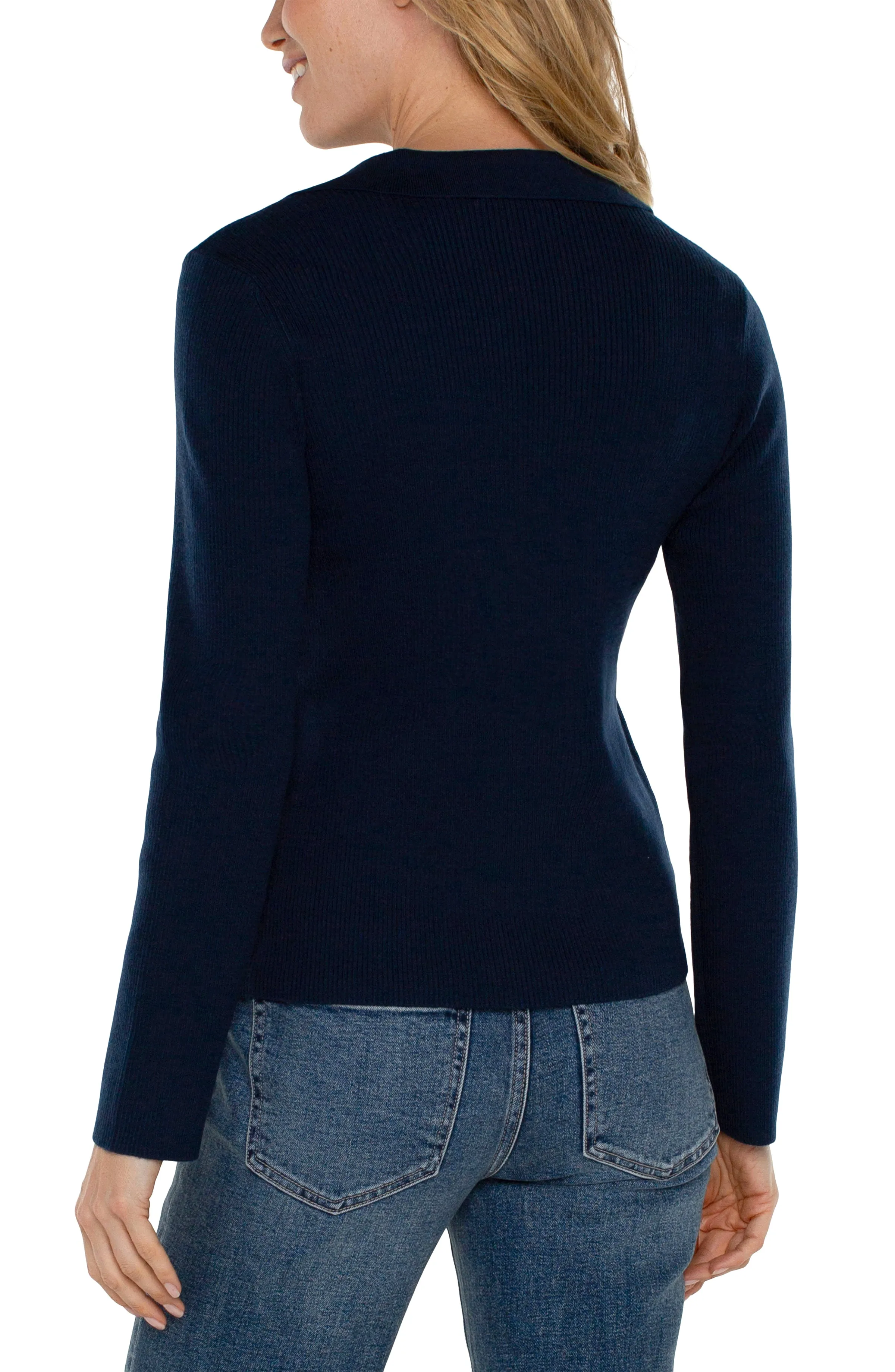 Lina Long Sleeve V-Neck Collared Sweater in Dark Navy - Liverpool Los Angeles LM8D41SK39