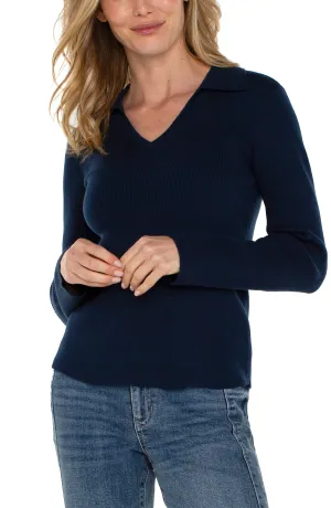 Lina Long Sleeve V-Neck Collared Sweater in Dark Navy - Liverpool Los Angeles LM8D41SK39