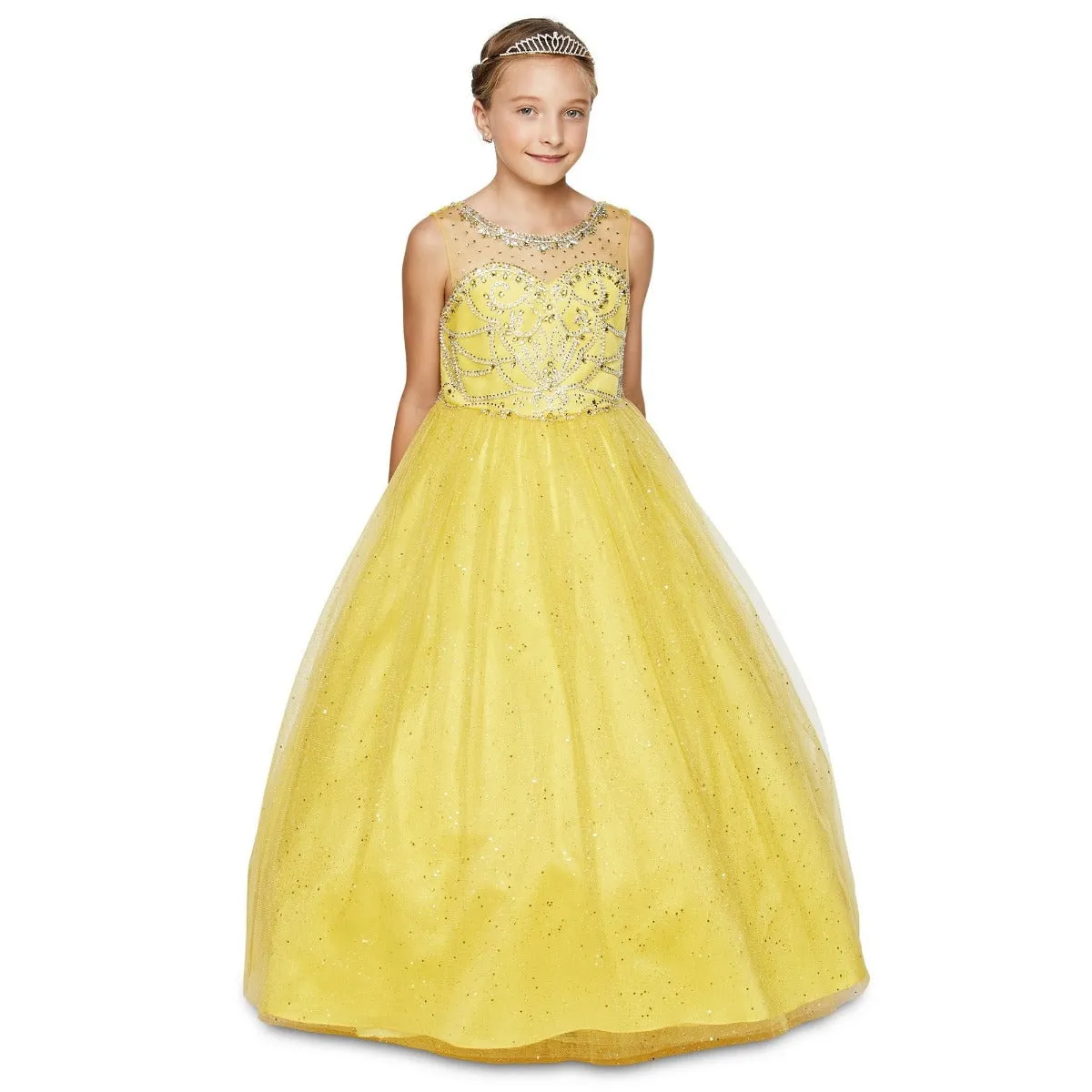 Little Girls Yellow Crystal Beading Glitter Tulle Floor Length Pageant Dress 4-6