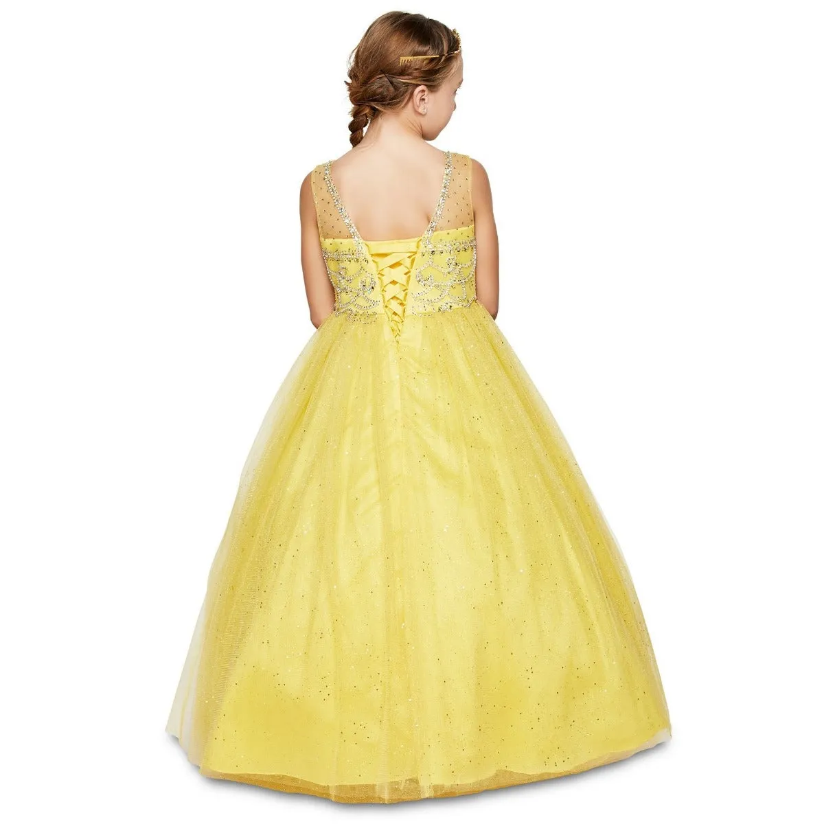 Little Girls Yellow Crystal Beading Glitter Tulle Floor Length Pageant Dress 4-6