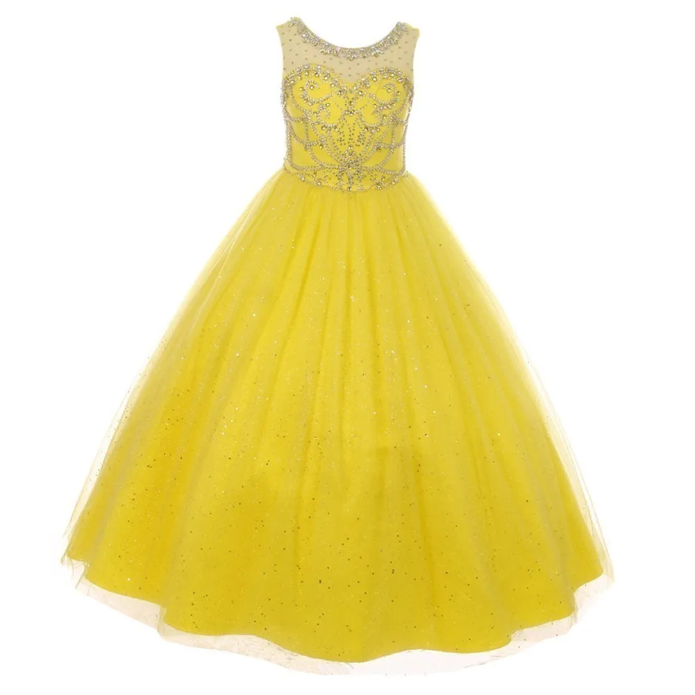 Little Girls Yellow Crystal Beading Glitter Tulle Floor Length Pageant Dress 4-6