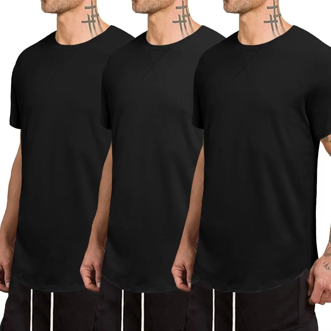Mens 3 Pack Crewneck T-Shirts Short Sleeve Hipster Hip Hop Longline Classic Tee Tops