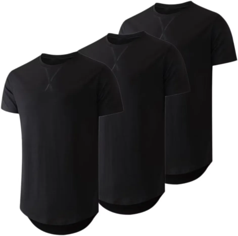 Mens 3 Pack Crewneck T-Shirts Short Sleeve Hipster Hip Hop Longline Classic Tee Tops