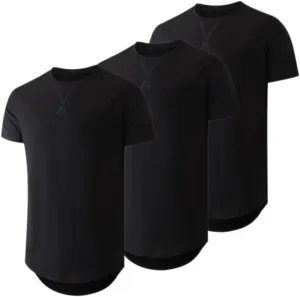 Mens 3 Pack Crewneck T-Shirts Short Sleeve Hipster Hip Hop Longline Classic Tee Tops
