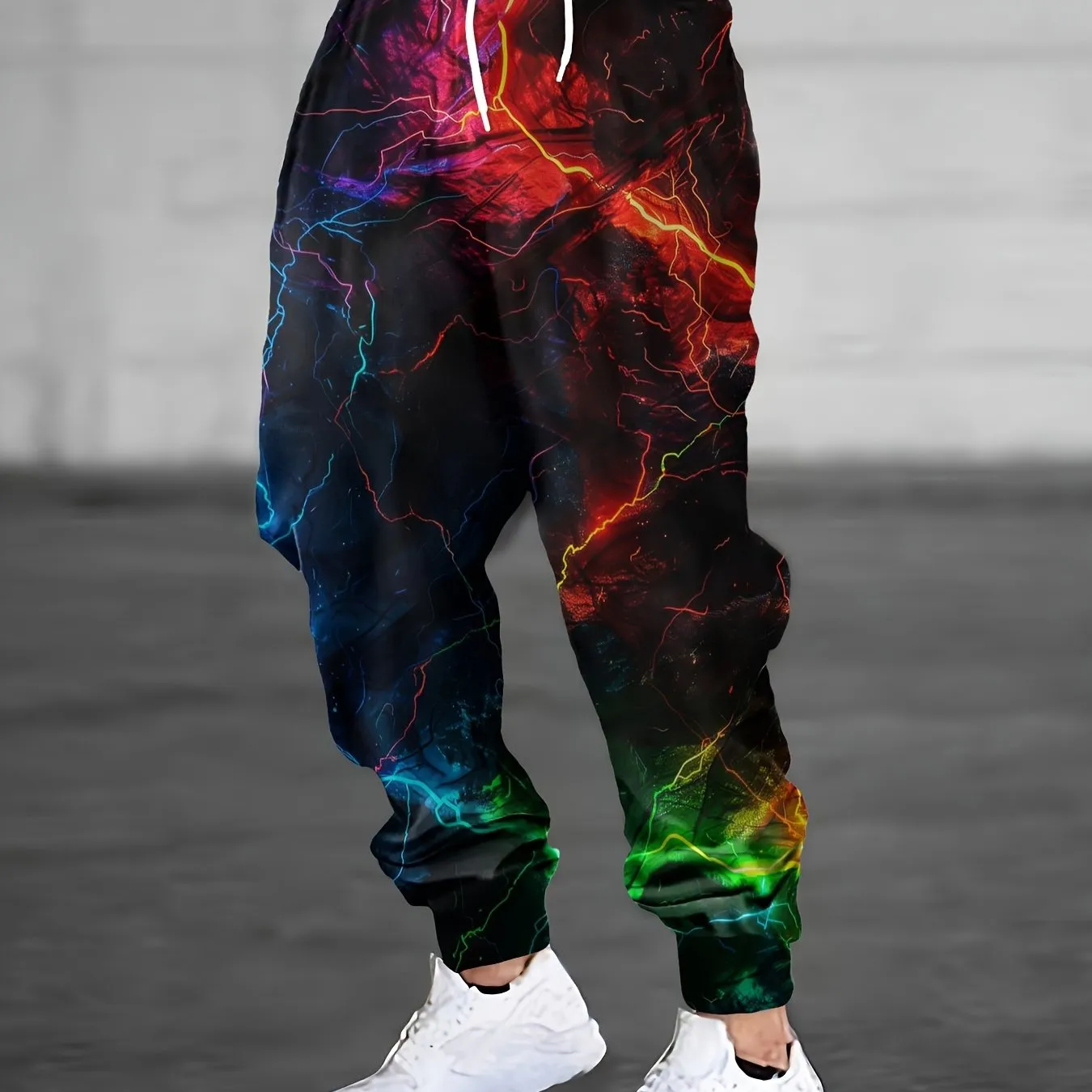 Men's Casual Joggers with Lightning Print - Comfy Polyester, Drawstring Waist, Pockets - For Autumn & Spring Wear - Suitable for Men - Perfect for Casual Outings & Loungewear