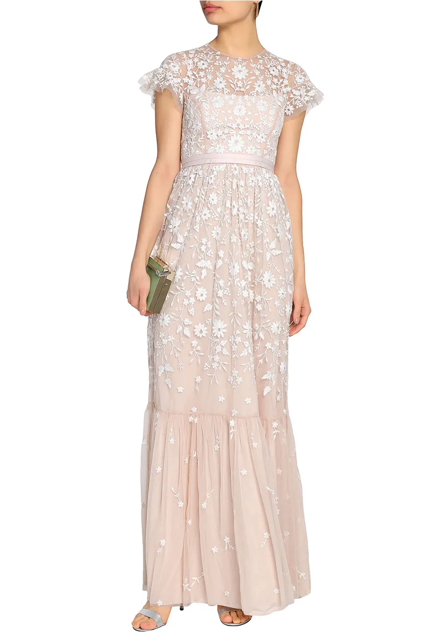 Nude Meadow Floral Embroidered Tulle Gown