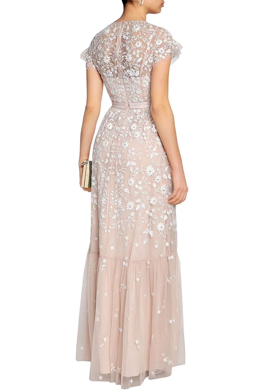 Nude Meadow Floral Embroidered Tulle Gown