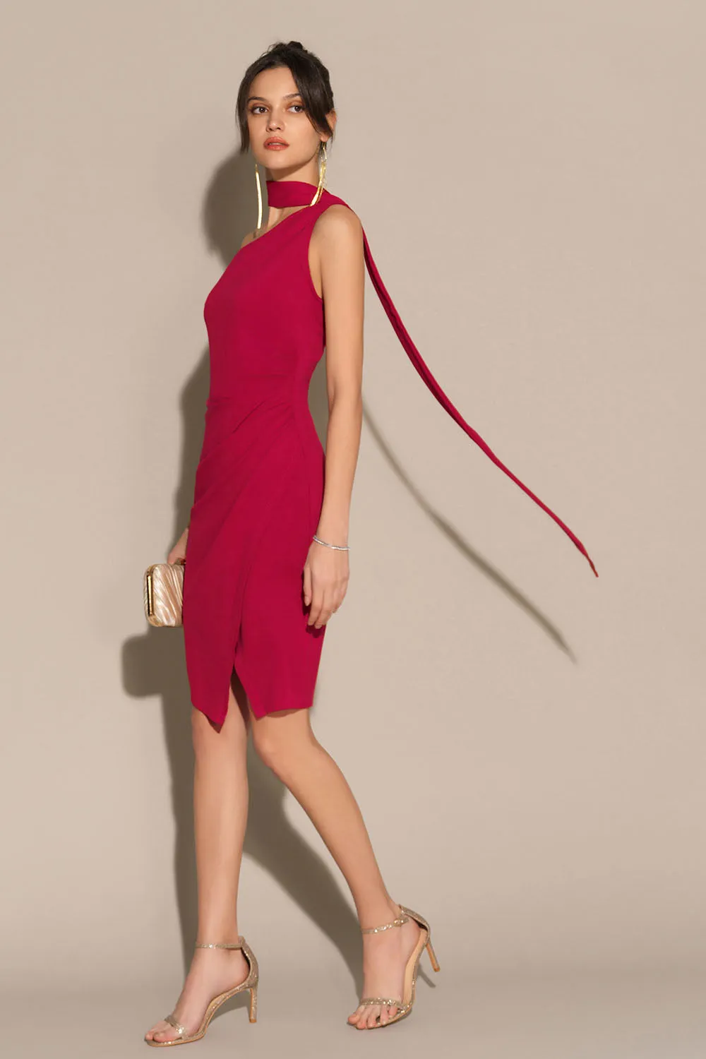 One-Shoulder Wrap Hem Ruched Bodycon Party Dress - Red