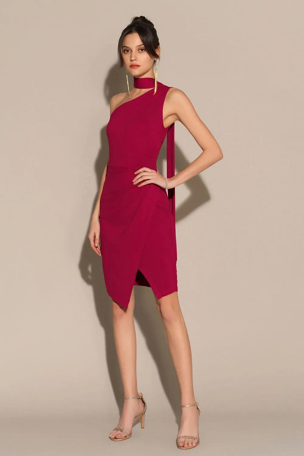 One-Shoulder Wrap Hem Ruched Bodycon Party Dress - Red