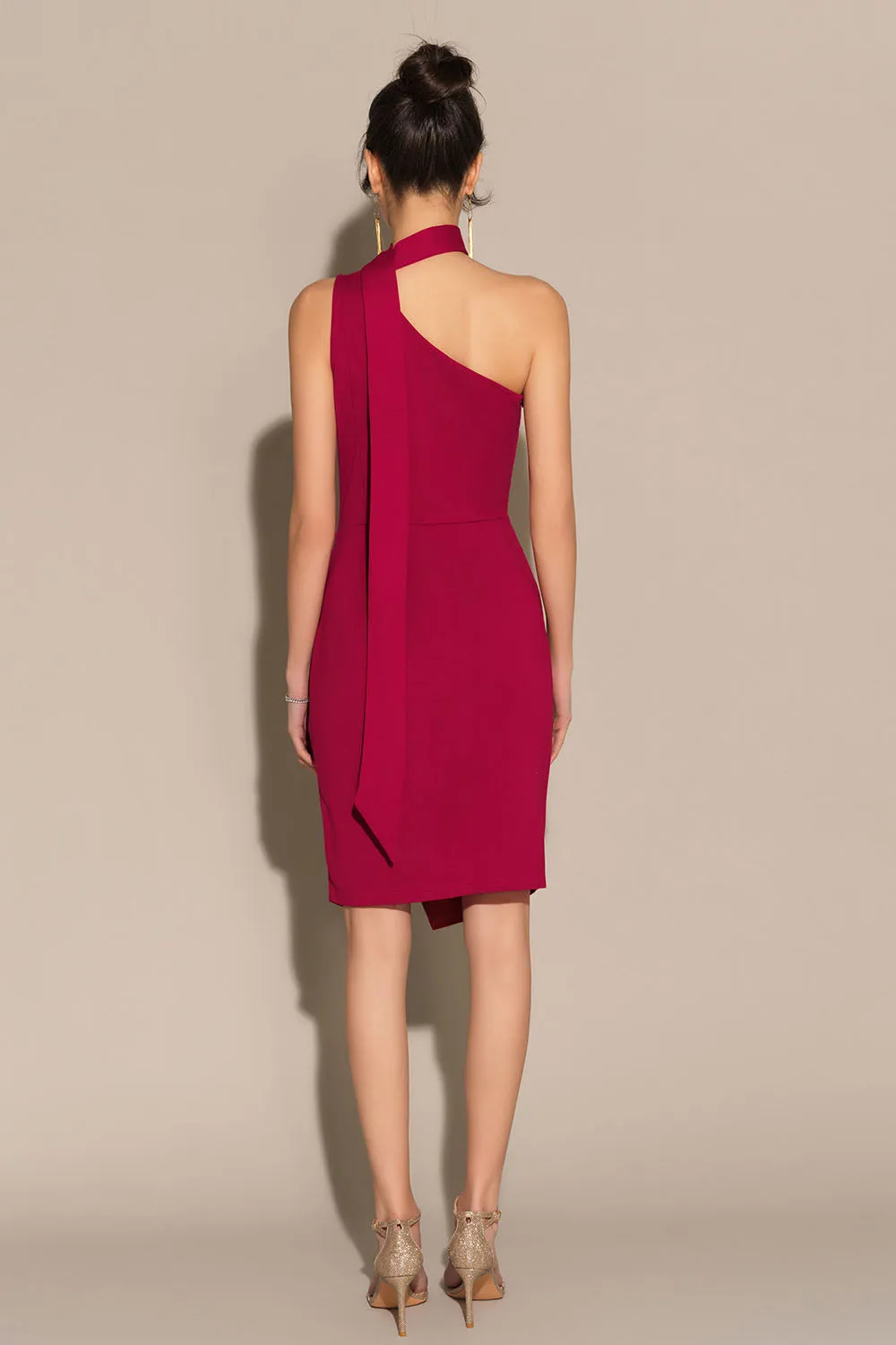 One-Shoulder Wrap Hem Ruched Bodycon Party Dress - Red