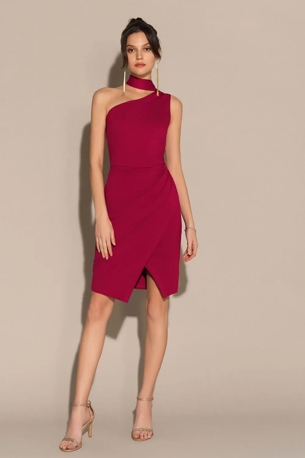 One-Shoulder Wrap Hem Ruched Bodycon Party Dress - Red