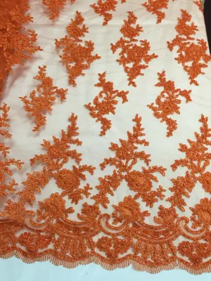 Orange appealing flower design embroider and beaded on a mesh lace-yard