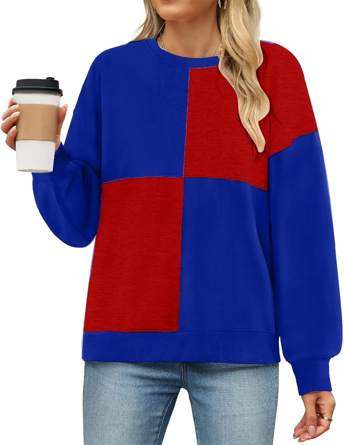 Oversized Sweatshirt For Women Cute Long Sleeve Creweck Color Block Pullover Tops Teen Girls Fall Fashion Outfits
