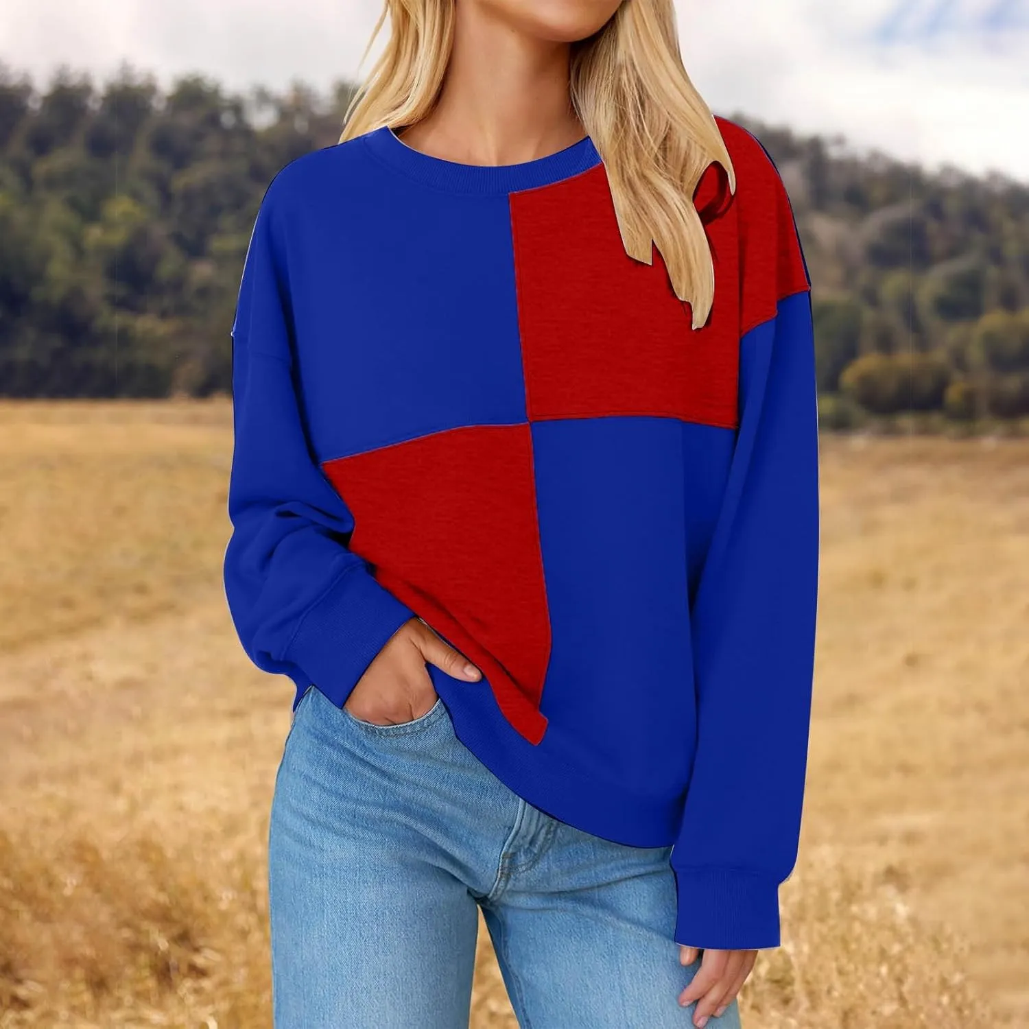 Oversized Sweatshirt For Women Cute Long Sleeve Creweck Color Block Pullover Tops Teen Girls Fall Fashion Outfits