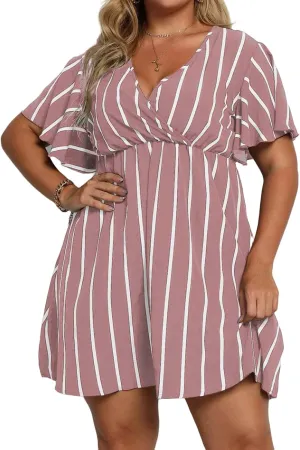 Plus Size Dresses for Curvy Women Short Sleeve V Neck Tunic Mini Dress Summer Casual Striped The Waist Sundress 2025