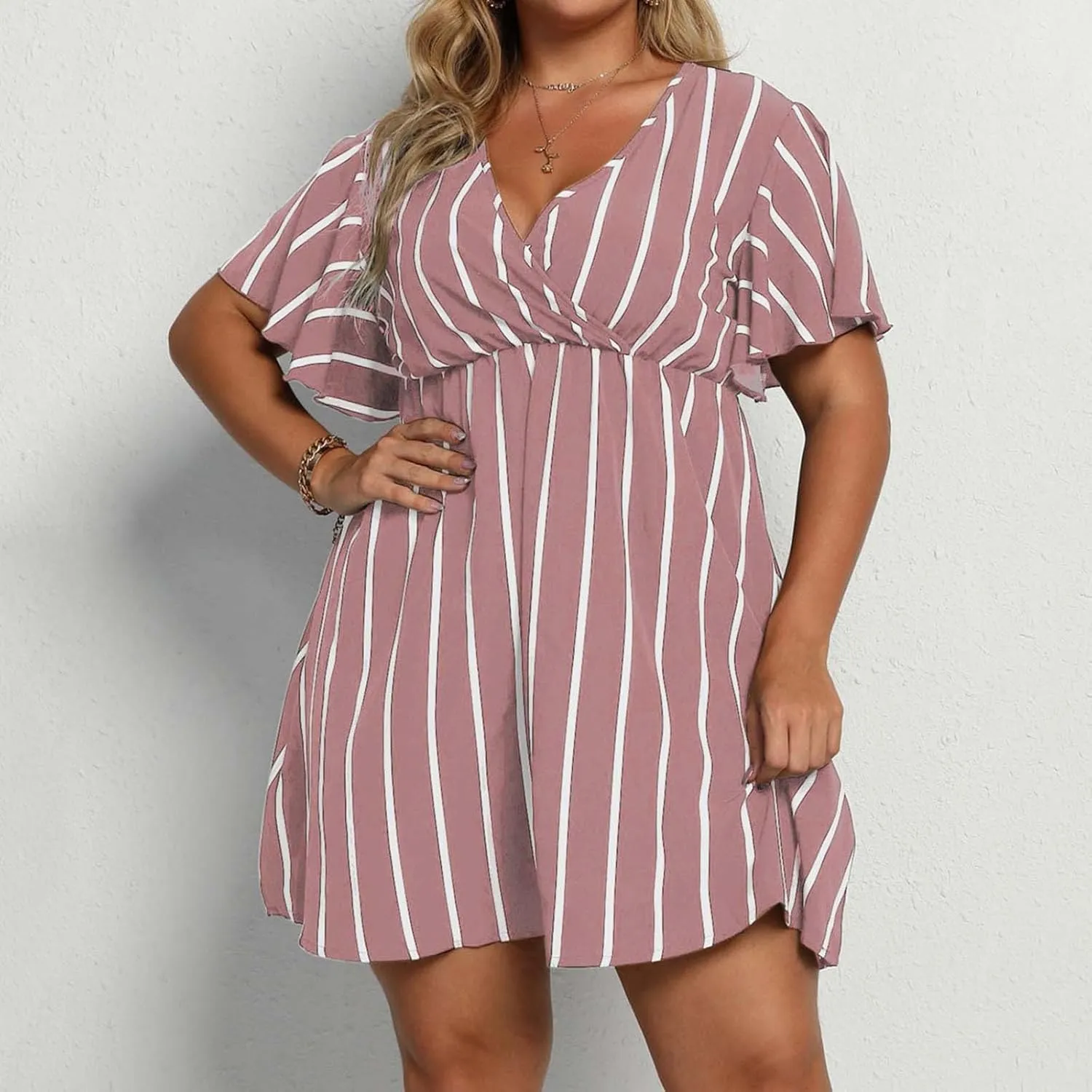Plus Size Dresses for Curvy Women Short Sleeve V Neck Tunic Mini Dress Summer Casual Striped The Waist Sundress 2025