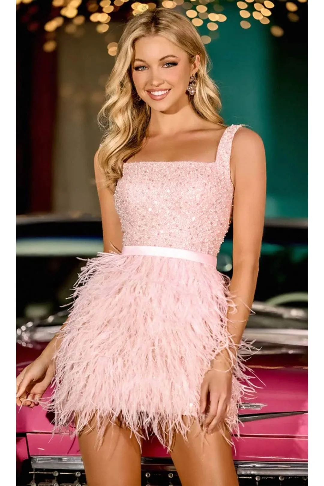 Portia and Scarlett PS24022 - short-Square Neck Cocktail Dress with Feathers