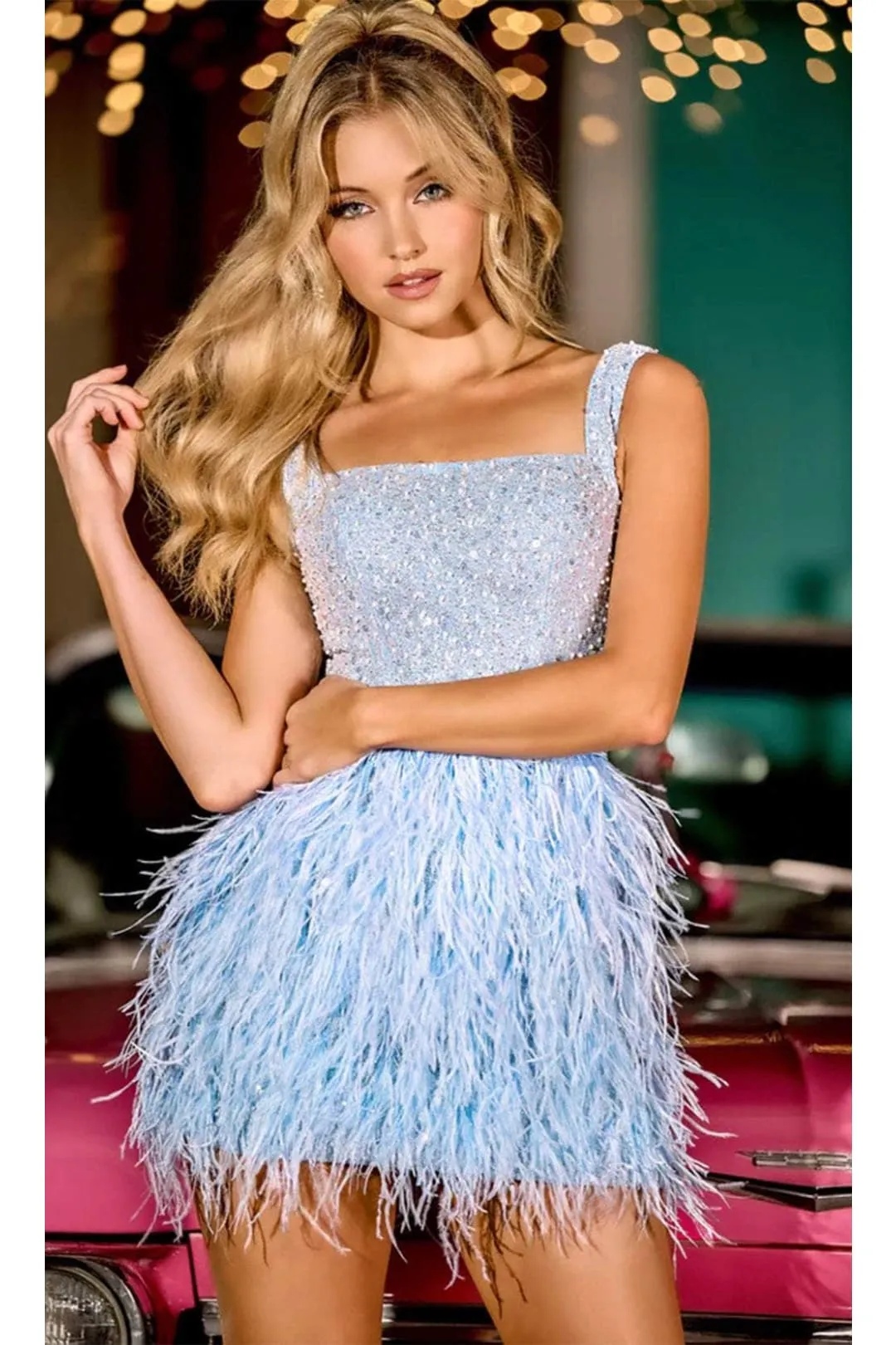 Portia and Scarlett PS24022 - short-Square Neck Cocktail Dress with Feathers