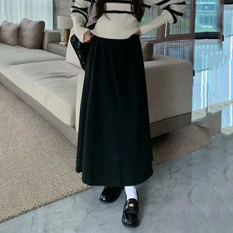 Purpdrank Autumn Winter New Thicken Plush A-line Skirts Wowen Solid Casual High Waisted Long Skirt Ladies Lazy Style Midi Skirts