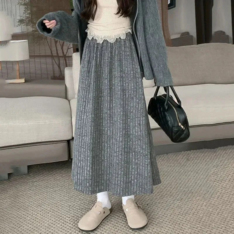 Purpdrank Autumn Winter New Thicken Plush A-line Skirts Wowen Solid Casual High Waisted Long Skirt Ladies Lazy Style Midi Skirts