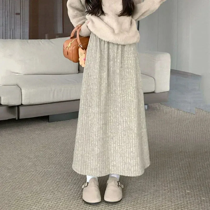 Purpdrank Autumn Winter New Thicken Plush A-line Skirts Wowen Solid Casual High Waisted Long Skirt Ladies Lazy Style Midi Skirts